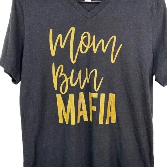BELLA+CANVAS.‎ WOMEN'S BLACK/GOLD MOM BUN MAFIA FUNNY GRAPHIC T-SHIRT LARGE-EUC - Picture 2 of 5